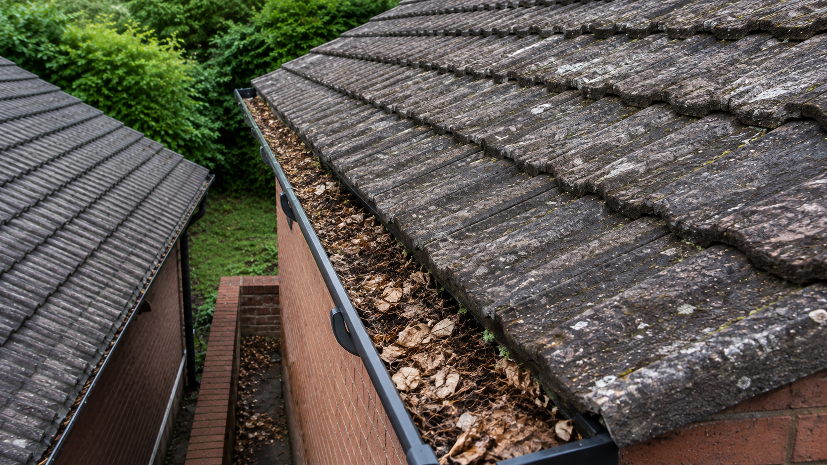 Before professional gutter cleaning — a Birmingham gutter packed with compacted debris, moss and silt down to the channel floor